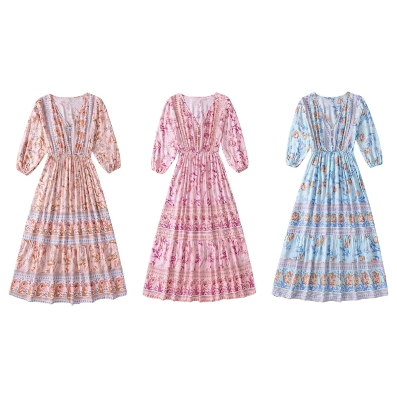 

Women Casual Summer Bohemian Style Dress V-neck Long Sleeves Breathable Dress