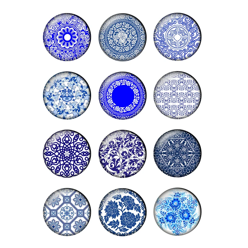 

12pcs Blue and White Porcelain Pattern Round Photo Glass Cabochon 10 12 18 25mm Demo Flat Back DIY Jewelry Making Wholesale T069
