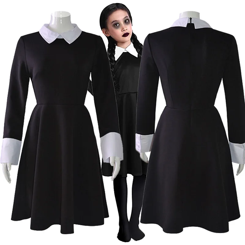 

Wednesday Addams Costume Girls Peter Pan Collar Dress Long Sleeve Halloween Addams Costume Black Dress Outfit for Kids