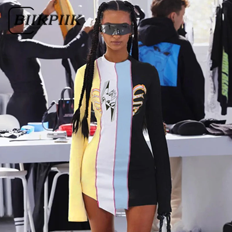

BIIKPIIK Multi Color Patchwork Fashion Mini Dress Cartoon Irregular Women Dresses Long Sleeve O Neck Aesthetic Style Outfits New