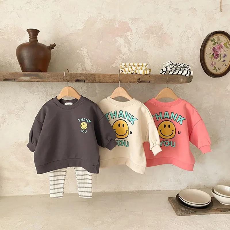 

2022 Spring Autumn New Baby Hoodies Toddler Smile Face Girls Sweatshirts Option Pants Striped Boys Hoodie Tops
