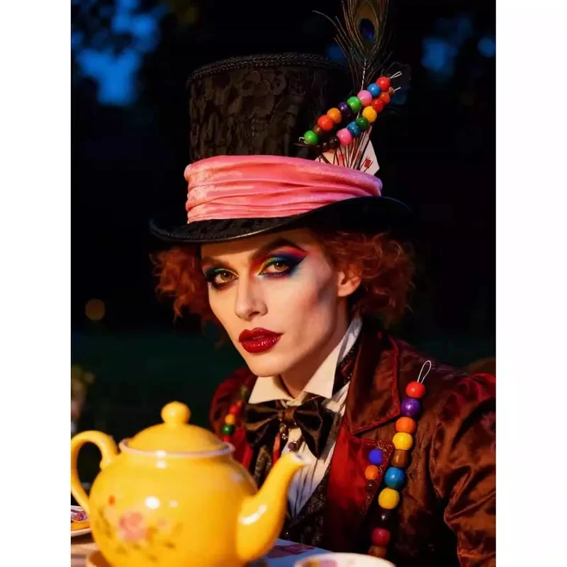 Фото UUI1Pirate Circus Шляпа-федора «Сумасшедший Шляпник» с кружевным волнистым краем, реквизит для Хэллоуина, косплея, аксессуары для головного убора M[[6 №1
