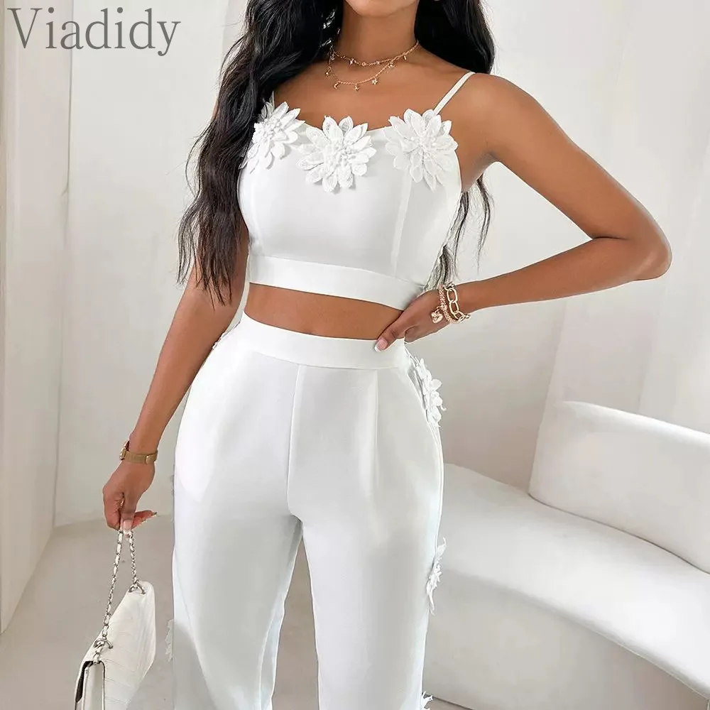 Женский Повседневный однотонный топ на бретельках с цветочным принтом и брюки