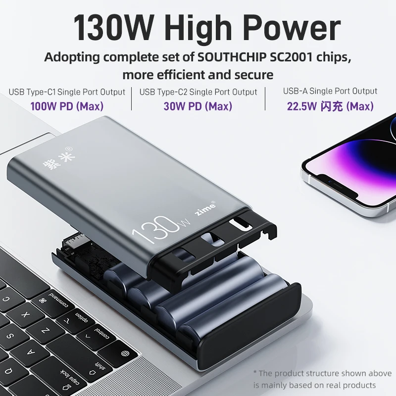 Zime PD 130W Power Bank 20000mAh Type-C Fast Charging Powerbank with Cable Portable External Battery for Laptops Mobilephones