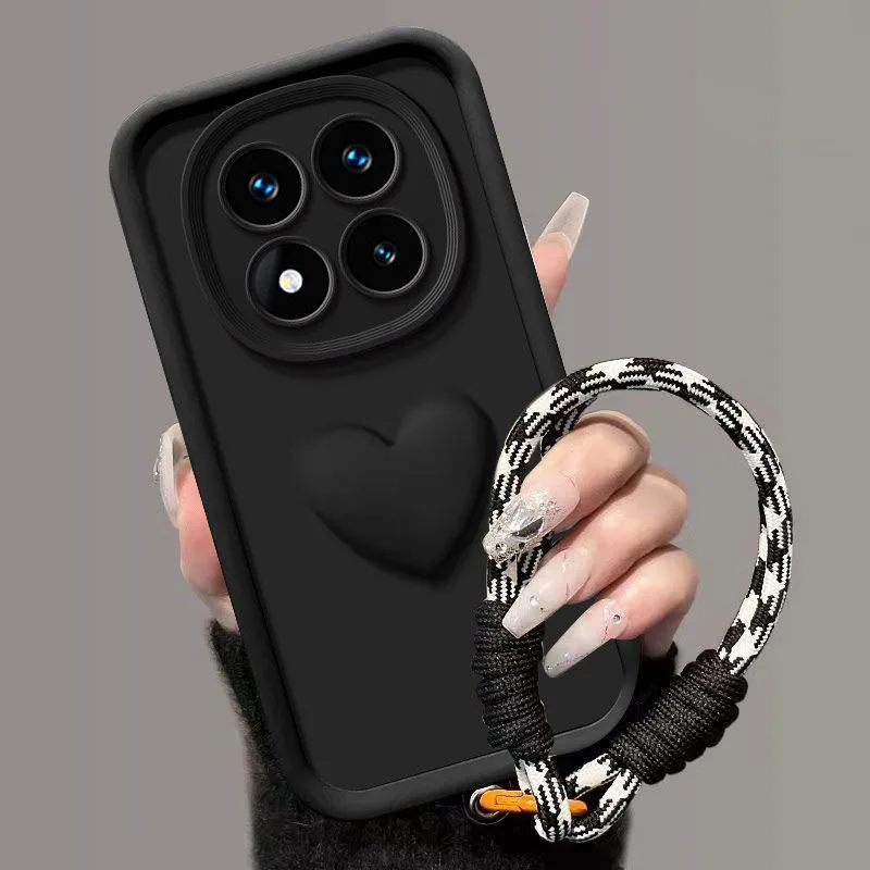 Фото Для Redmi Note 15 Pro Plus, Note 14 Pro, Note 13: чехол с ремешком на запястье, 3D-сердечком, ремешком на руку, задняя крышка из жидкого силикона. №1