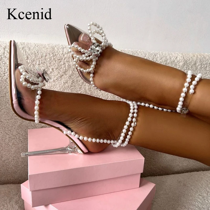 

Kcenid Sexy Pointed Toe White String Beads Bowtie Shoes Clear High Heels Women Sandals Summer Gladiator Party Wedding Shoes