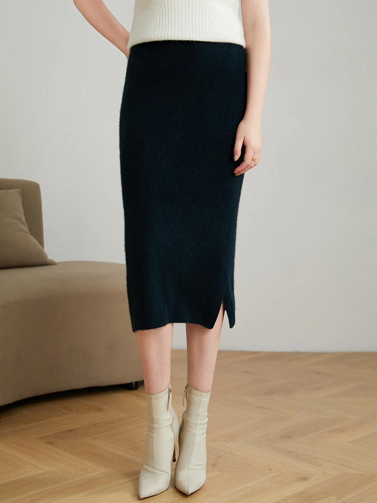 2022 autumn and winter new split half-length cashmere skirt women's mid-length solid color slim slim wool knitted hip skirt