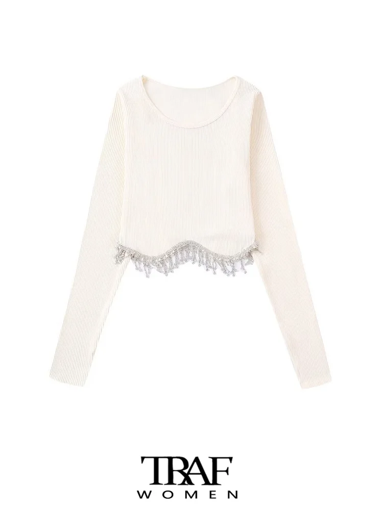 

TRAF Women Fashion With Rhinestone Appliques Cropped Knit Blouses Vintage O Neck Long Sleeve Female Shirts Blusas Chic Tops
