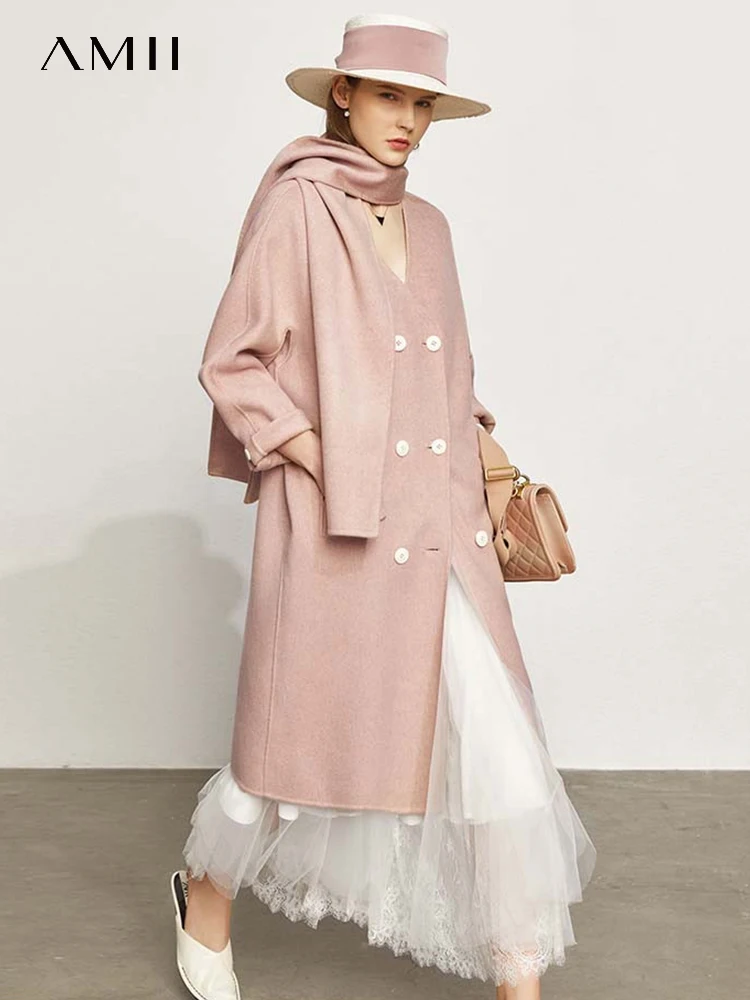 

AMII Minimalism Blend Coat Women 2022 Winter Double-sided Woolen Jacket French V-neck Long Sleeve Winter Warm Coats 11920242