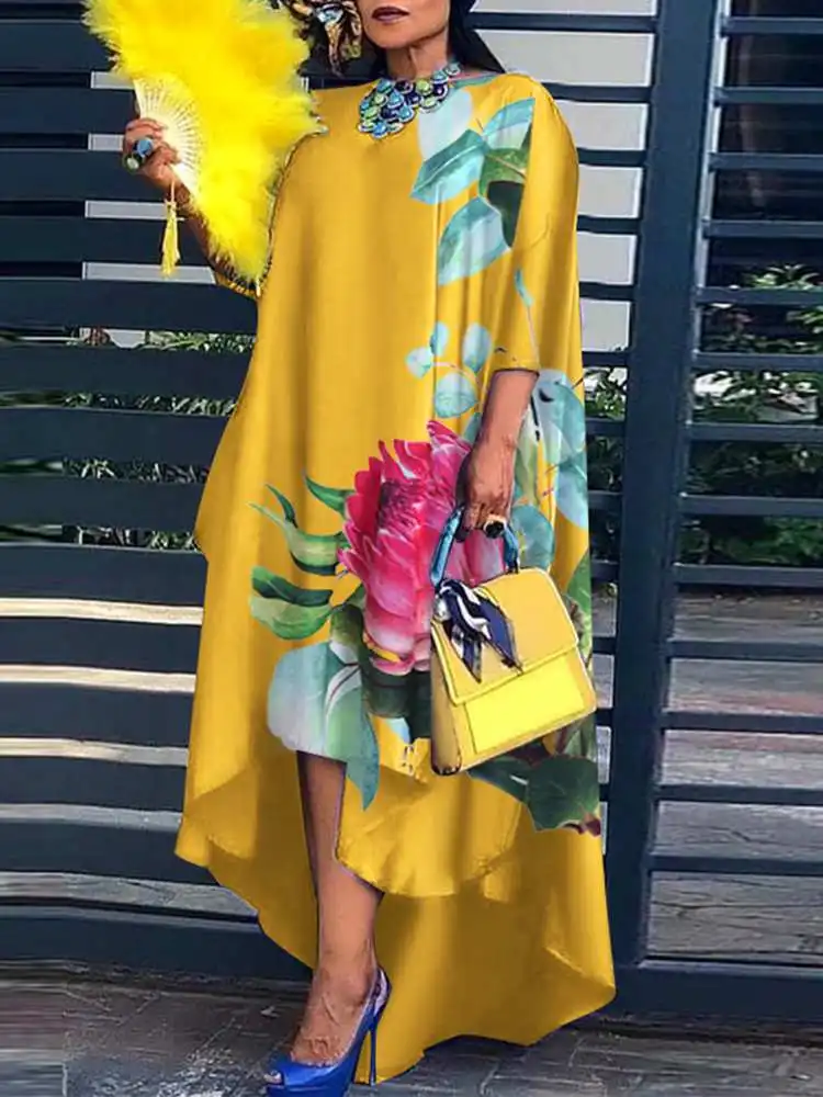 

Летнее женское платье VONDA для вечерние, миди сарафан с подолом, повседневное асимметричное платье с цветочным принтом, вечерние круглым выр...