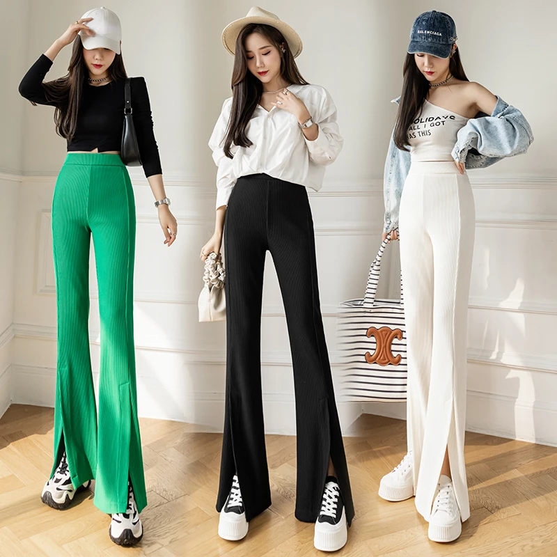 New Fashion Split Hem Pants Women Casual Anti Wrinkle Streetwear Skinny Trousers Female Girls Vintage Bell-bottoms Dropshipping