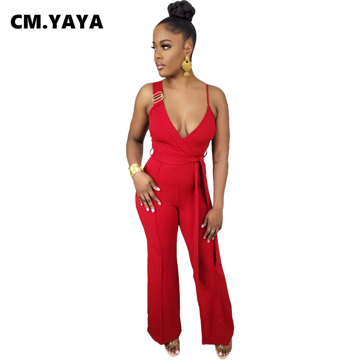 

Женский однотонный Летний комбинезон CM.YAYA на бретелях-спагетти с глубоким V-образным вырезом и широкими штанинами