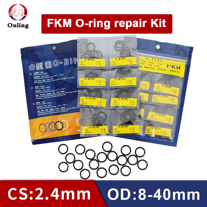 

Fluorine Rubber O Ring Kit Set Black FKM CS2.4mm OD8-40*2.4mm Oil-resistant And Wear-resistant Gasket Seal Ring High Pressure