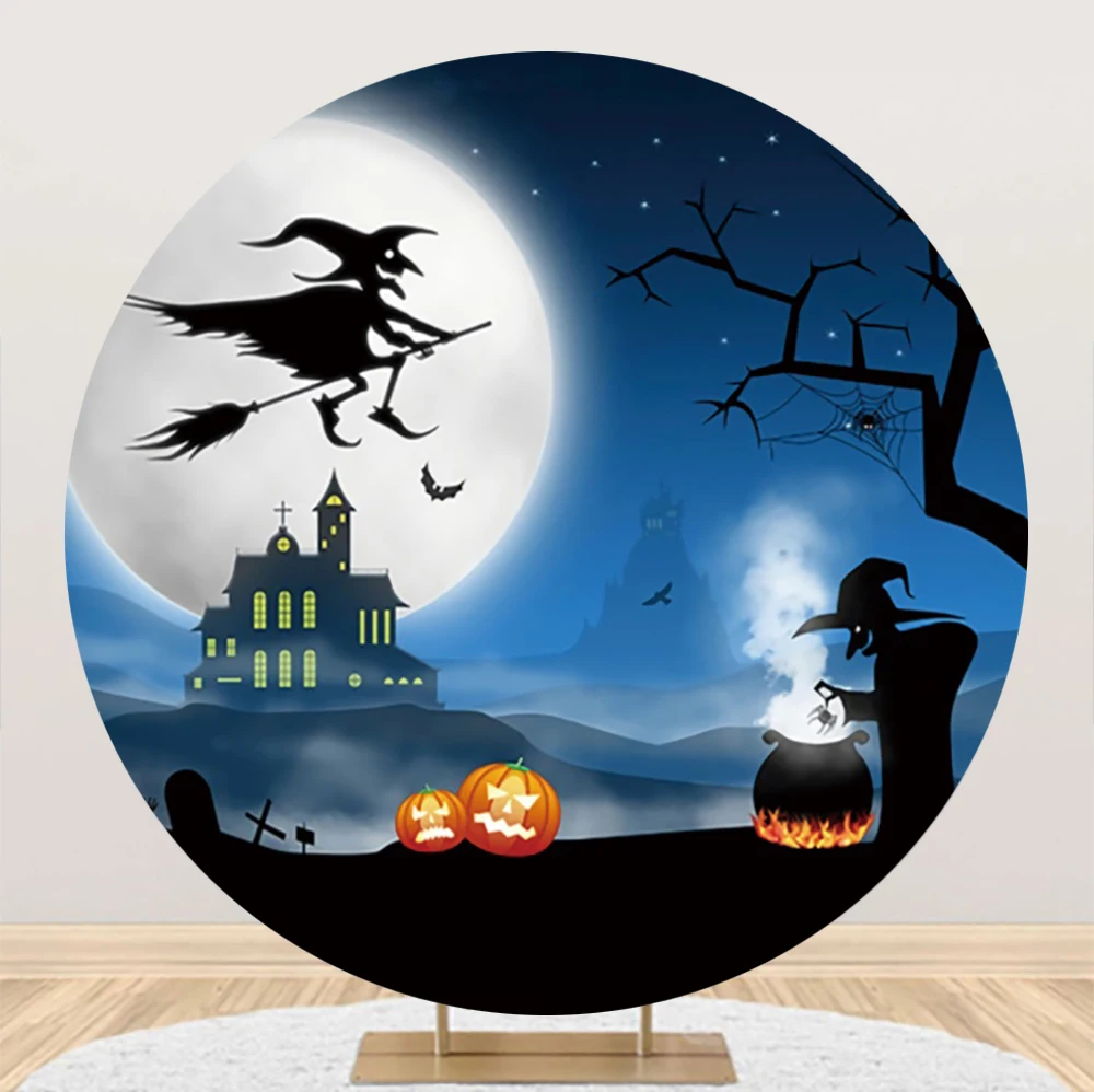 

Laeacco Halloween Round Photography Backdrop Full Moon Scary Night Castle Pumpkin Spooky Witch Bat Child Kid Portrait Background