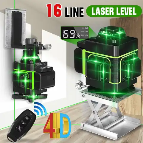 Лазерный уровень, 16 линий, 4D, зеленый лазерный луч, самонивелирующийся на 360 градусов, горизонтальный и вертикальный крест, супермощный зеле...
