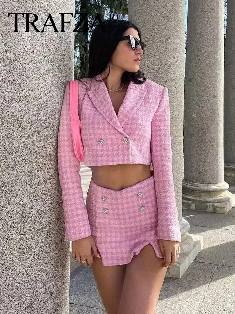 TRAFZA 2024 Autumn Houndstooth Culottes Suits For Women New Long Sleeves Cropped Blazer Top + Chic Elegant Female Shorts