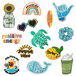 Summer Vibes Embroidery Patches Sunglass Cold Drink Surfboard Iron Ons Cute Cartoon Appliques Sea Tu