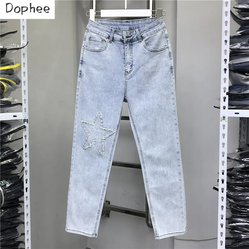 

Diamonds Five-pointed Star Hot Drilling Women Denim Pants 2023 New Spring Summer High Waist Ankle-length Straight Blue Jeans