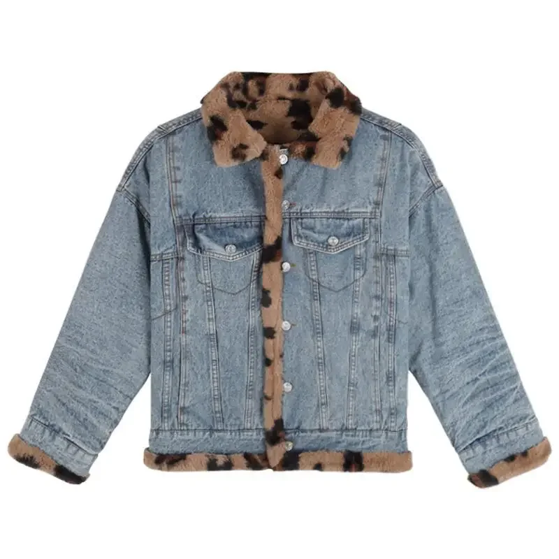 Женская короткая джинсовая куртка свободная укороченная бархатная Толстая в