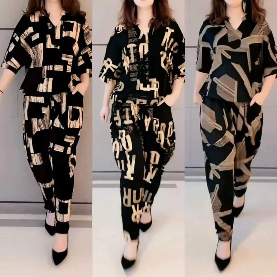 Casual Fashion Geometric Letter Printing Pant Sets Summer 2022 Short Sleeve V-neck T-shirt Wide Leg Pants Slim Women's Clothing