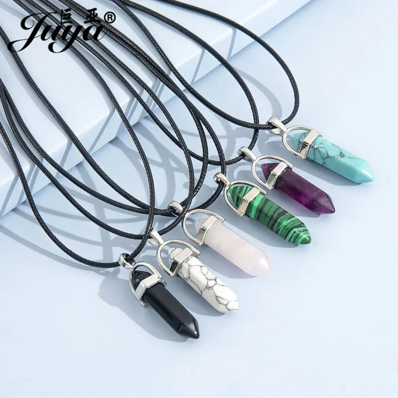 

6pcs/lot Women Necklaces Natural Stone Hexagonal Bullet Crystal Pillar Pendant Choker Leather Rope Chains Fashion Jewelry Gifts