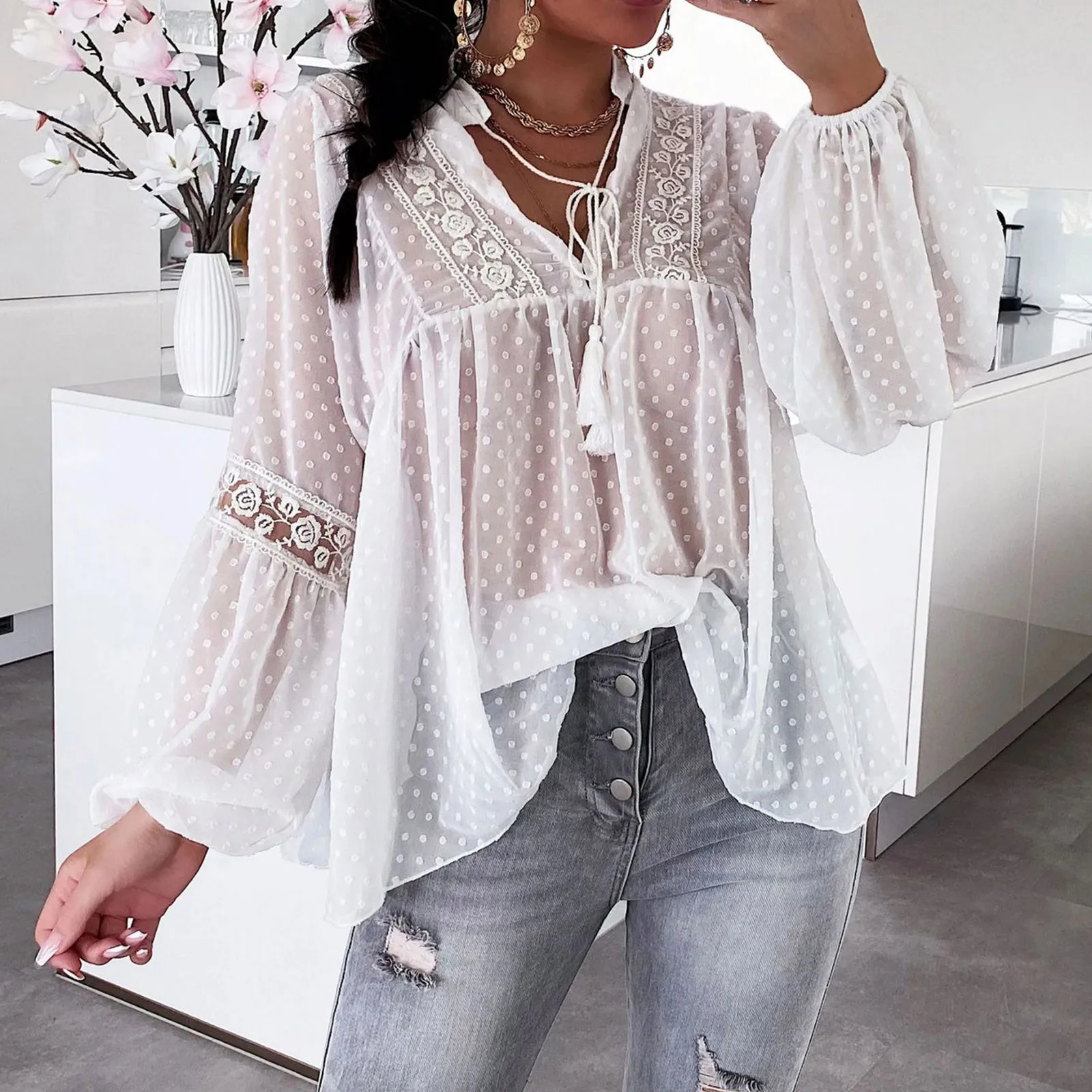 

Womens Tee Tops Women Long Sleeve Loose Lace Splic Casual Pullover T Shirt Top Blouse Womens Tops 3/4 Sleeve