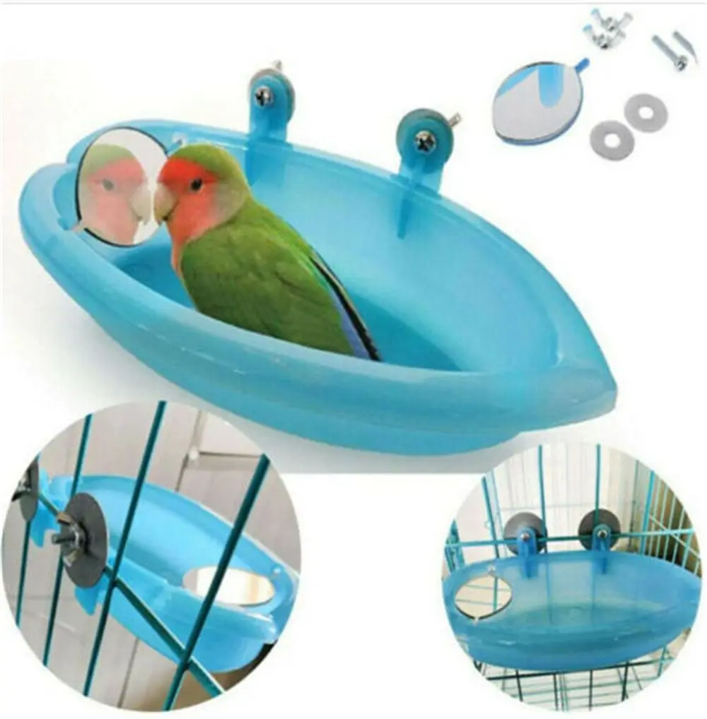 

Plastic Bird Cage Bath Basin With Mirror For Pets Bird Parrot Bathtub