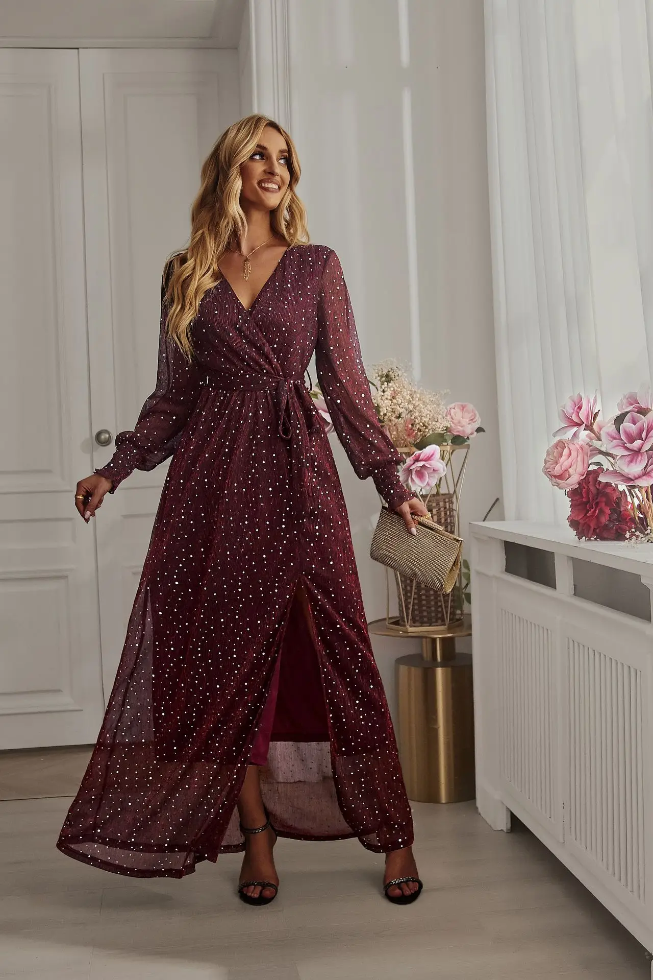 Women's Formal Dress 2023 New in Sequins Sexy V-neck Split Long Sleeve with Belt Gown Female Elegant Evening Party Long Dress