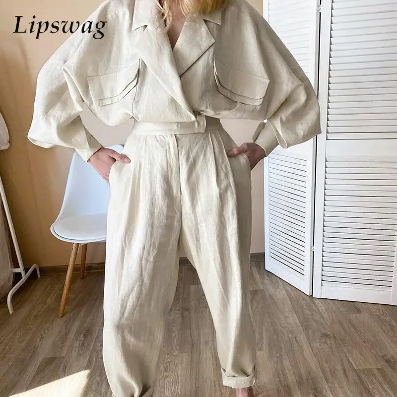 

Women Casual High Waist Pants Outfits Simple Solid Lapel Long Sleeve Tops Trousers Suit Spring Cotton Linen Shirt Two Piece Set