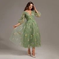 2022 mint green prom dresses new printed flowers short 34 sleeves formal evening dress laced up tea length women party gowns