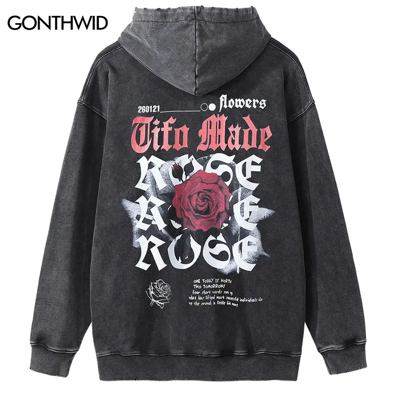 Men Hip Hop Vintage Hoodie Sweatshirt Y2K Grunge Flower Letter Print Wash Hooded Harajuku Punk Gothic Pullover Streetwear Heavy