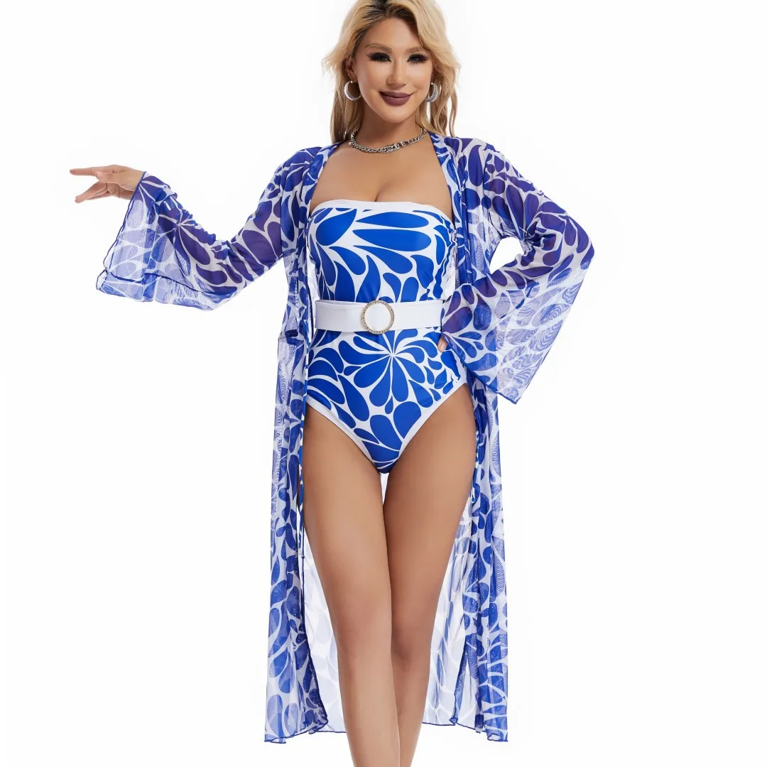 

2023 New Fashion Women Cover Swimsuit Retro Print Deep V Gorgeous Red And One-Piece Suit With Swimwear Summer Beach Wear