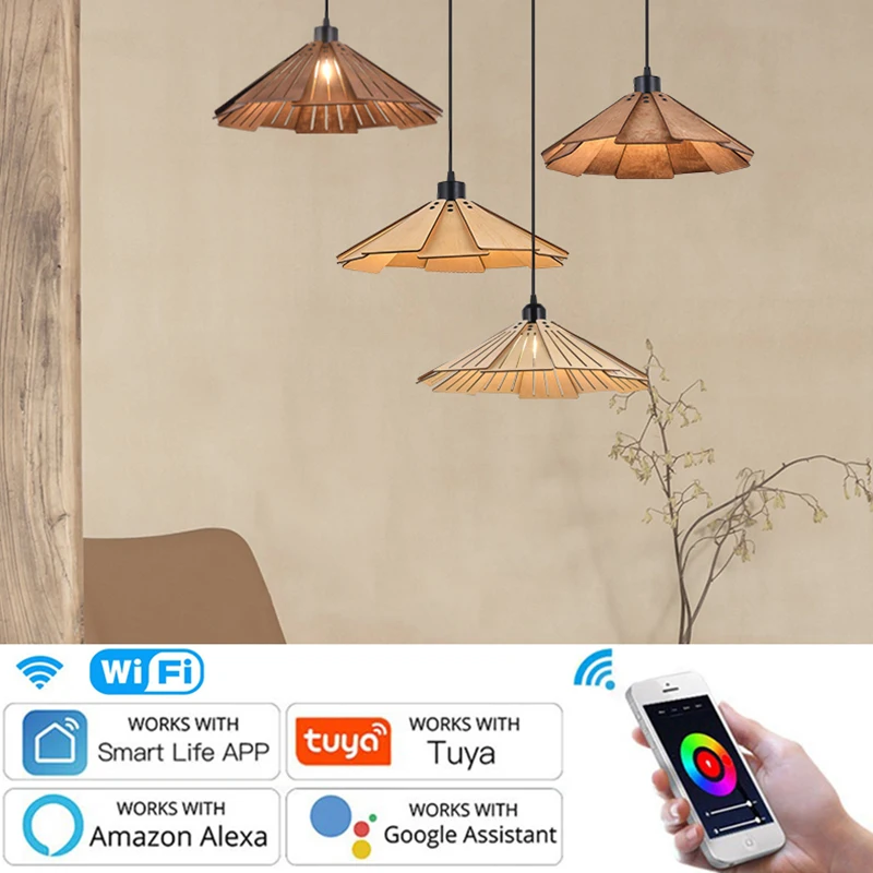 

Retro Wooden Restaurant Pendant Lamp E27 Smart Wifi Dimmable Hanging Lamp for Kitchen Island cafe Living Room Bedroom Lighting