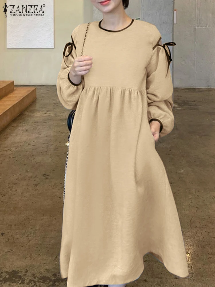 

Платье ZANZEA женское винтажное средней длины, сарафан с рукавами-фонариками и круглым вырезом, повседневный однотонный вечерние ковый вечерн...