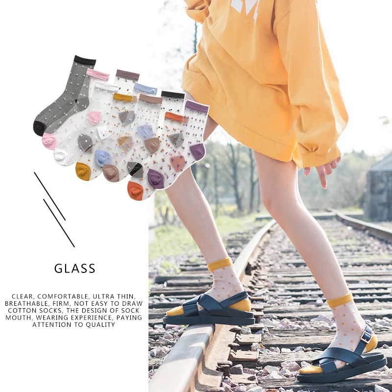 

Transparent Dot Print Sock Summer Fashion Glass Silk Socks Women's Shiny Mesh Sexy Glitter Short Candy Cotton Cute Casual Female