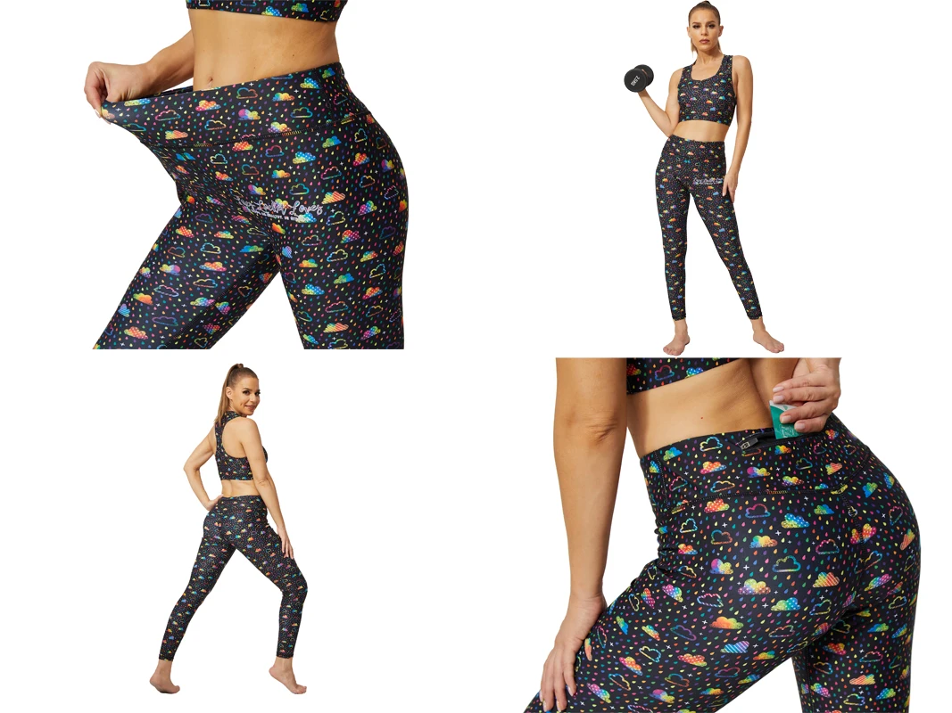 Kenntrice Women Leggings Print Butt Lifting Pockets Fitness Breathable Skinny Female Leggings Colorful Rain Elastic Yoga Pants