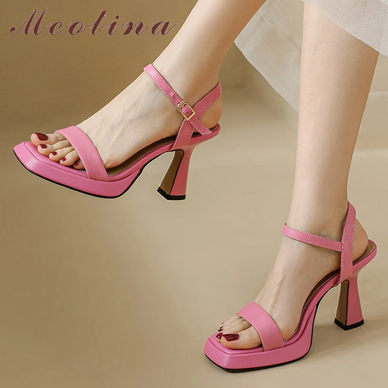 

Женские босоножки с ремешком на щиколотке Meotina, сандалии из натуральной кожи на очень высоком квадратном каблуке, на платформе с пряжкой, розовая Летняя обувь