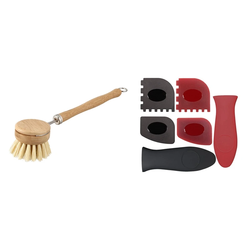

6X Durable Grill Pan Scraper Plastic Set Tool & 1X Wooden Long Handle Pan Pot Brush Dish Bowl Washing Cleaning Brush