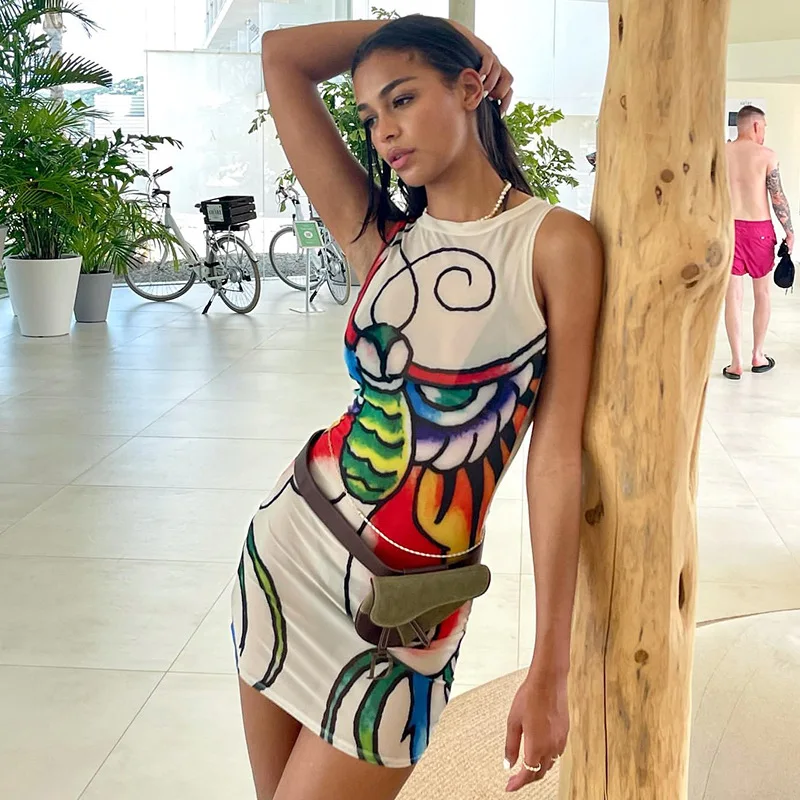 

Women's 2023 Summer New Street Trendsetter Round Neck Digital Printed Buttock Wrap Dress