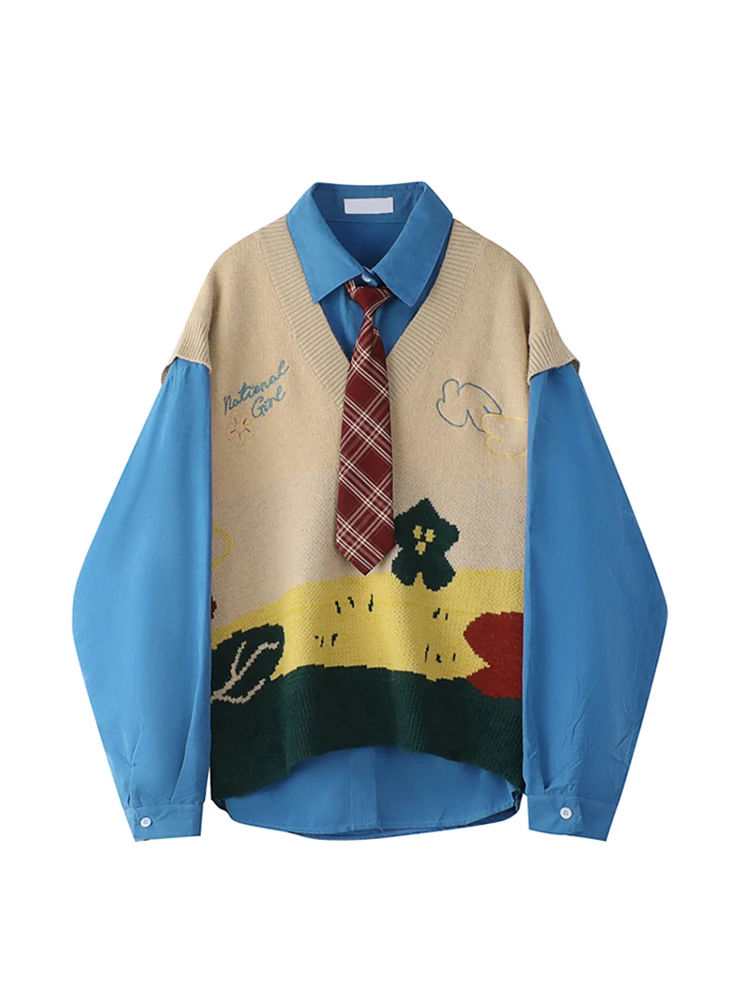 2022 Autumn New Women Knit Sweater Vest + Shirt Two-Piece Vingate Loose Feeling Contrast Color Knitting Shirt Streetwear Female