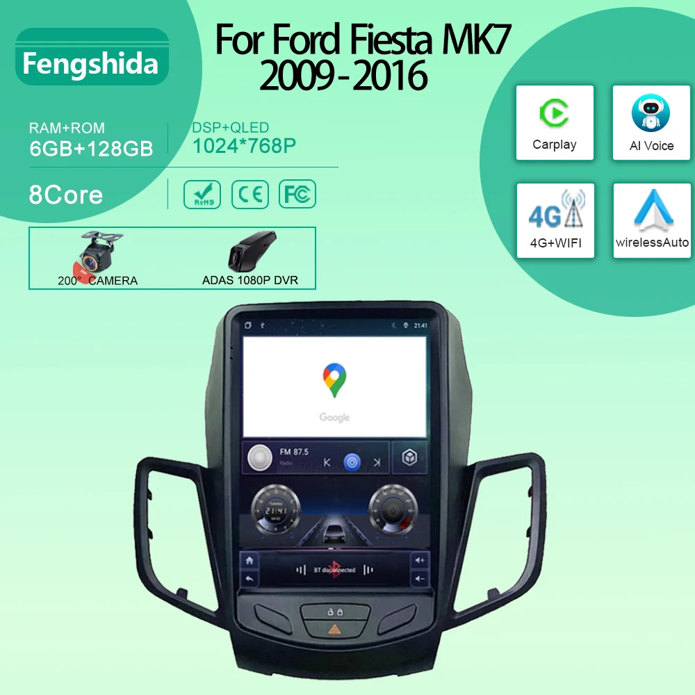 Автомобильная стереомагнитола для Ford Fiesta MK7 2009-2016 Tesla Style Android 13 мультимедийный