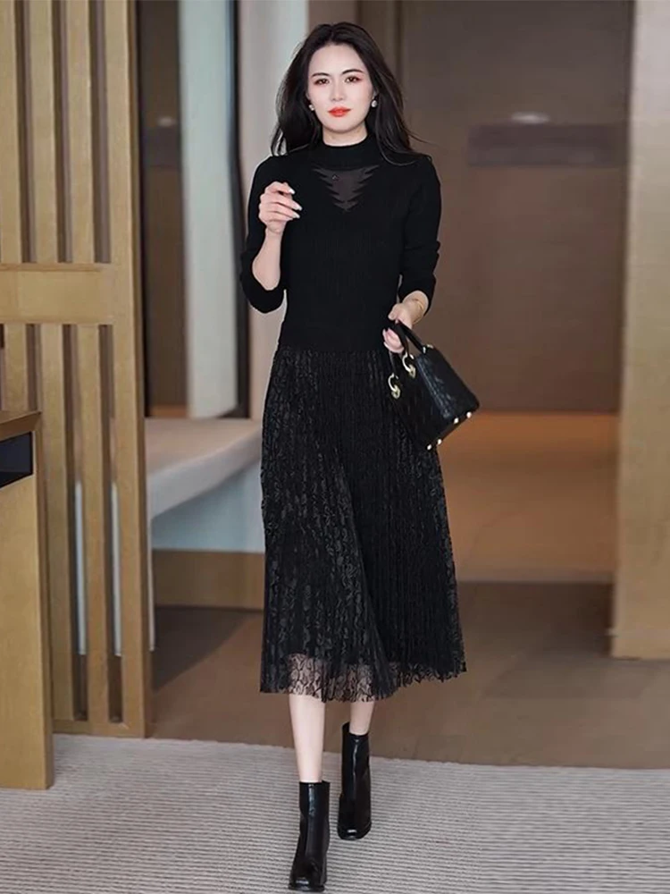 Черное платье с длинными рукавами женское осенне-зимнее 2024 новая модная юбка