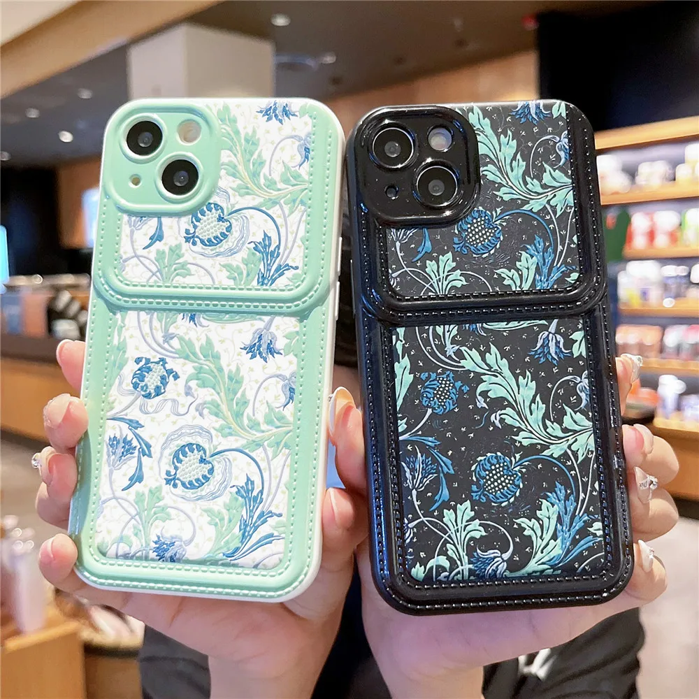 

Ottwn Fashion Floral Striped Wallet Phone Case For iPhone 14 13 11 12 Pro Max Lens Protective Soft Shockproof Back Bumper Covers