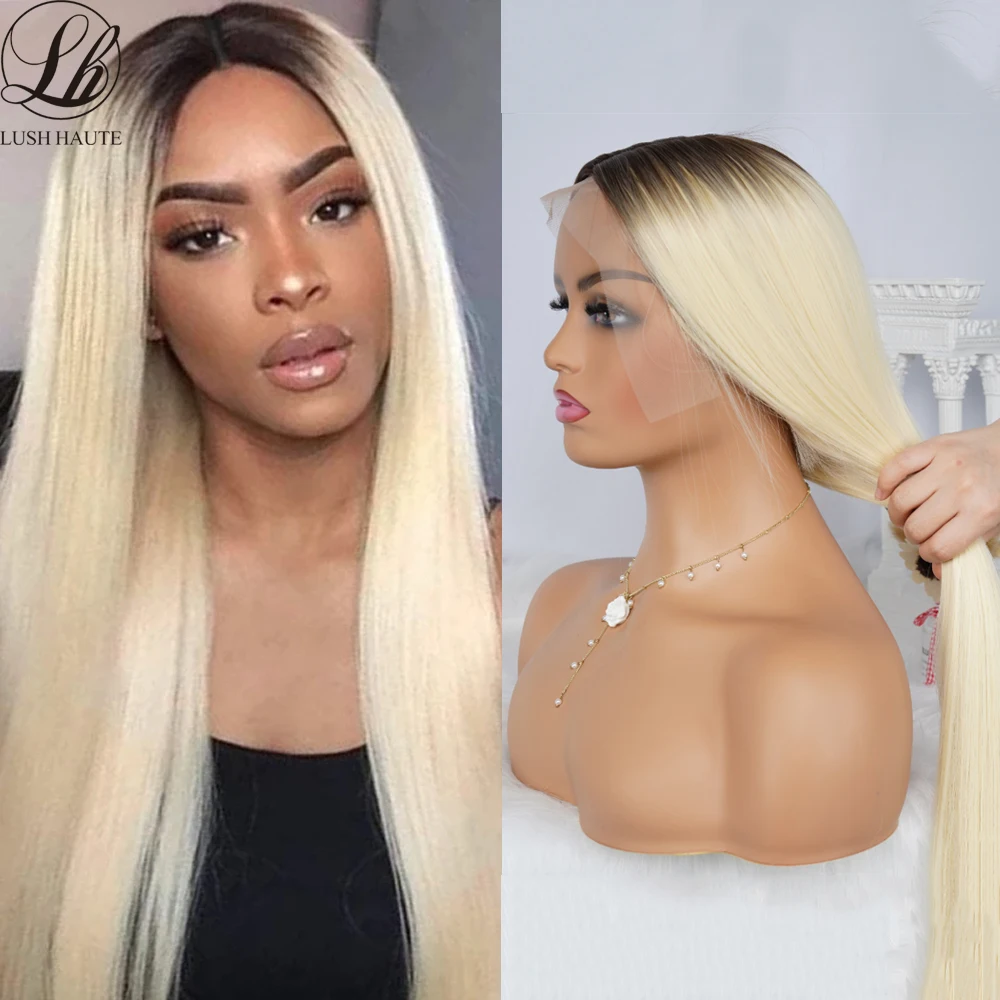 

613 Blonde 28 Inches Long Straight Lace Wigs with Dark Root Synthetic 1B/30 Ombre Brown Middle Part Lace Hair Wig Heat Resistant