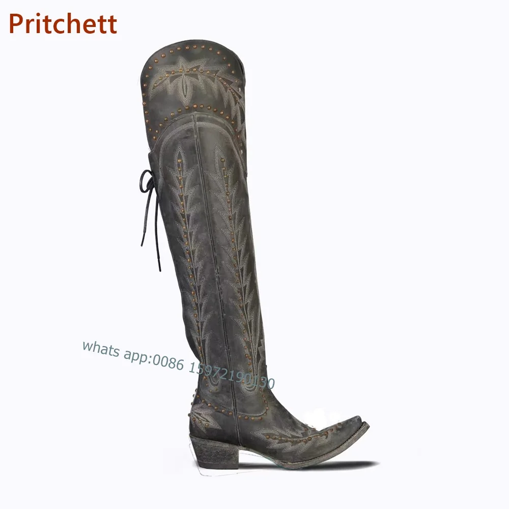 Женские ковбойские сапоги с принтом высокие до колена на квадратном каблуке