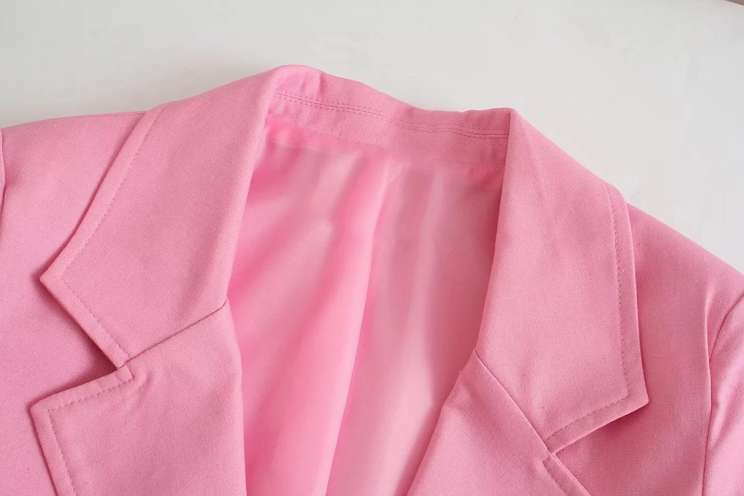 Maxdutti England Style Retro Notched Casual Blazers Women High Street Linen Pink Color Short Jacket