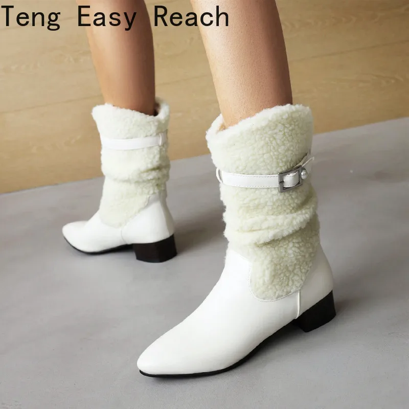 

Ladies Fashion Warm Short Boots Plush Thick Heels Round Toe Sleeve Comfortable Women's Boots black beige Plus Size 34-43