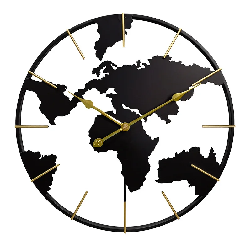 Modern porch art wall decoration clock World map round wrought iron fashion | Wall Clocks