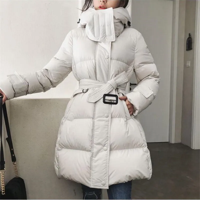 Casual Hooded Women Down Jacket Coat Long Thick Warm Belt 90% White Duck Down Jacket Ladies