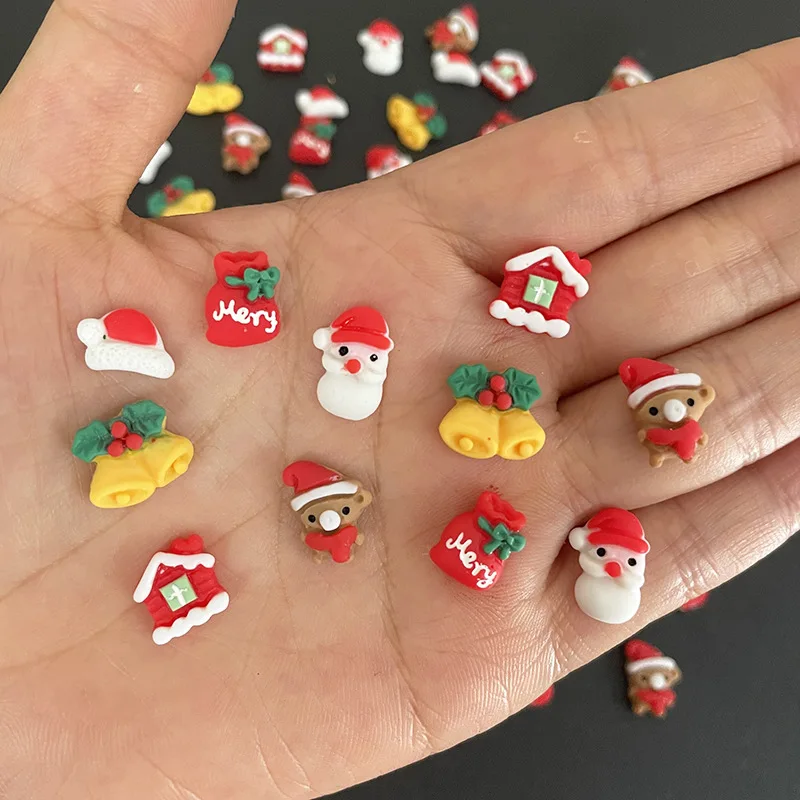 100pcs Mix Design Resin Kawaii Christmas Nail Ornament Santa Claus,Tree,Elk Snowman Gifts Xmas Cartoon Winter Charms Accessories